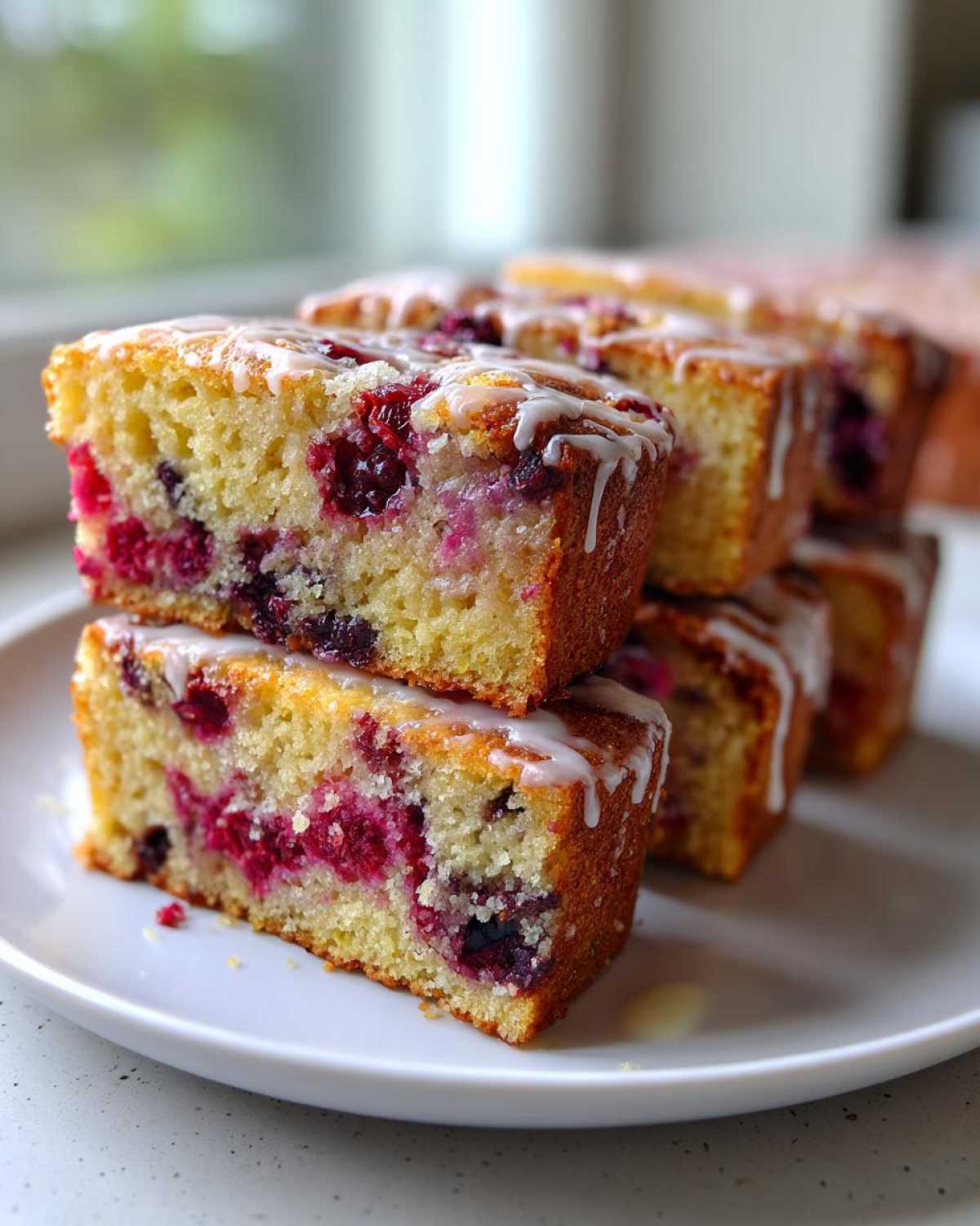 Close-up of stacked Cake Picnic Slices with Fresh Berries, showing moist yellow cake studded with red and purple berries and drizzled with white icing.