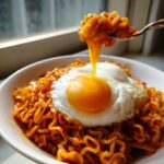 A fork lifts spicy Carbonara Buldak Ramen noodles, dripping rich yolk onto a perfectly cooked soft egg on top of the ramen bowl.
