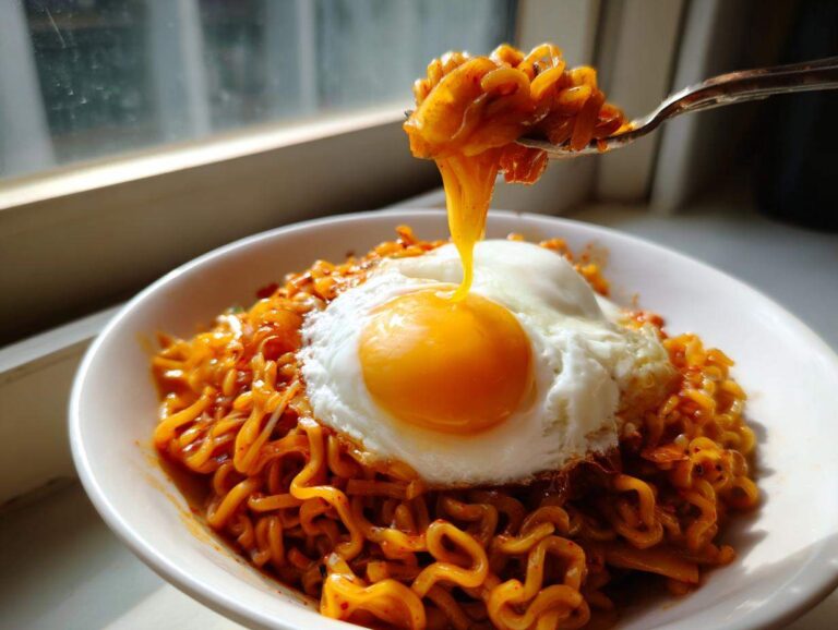 A fork lifts spicy Carbonara Buldak Ramen noodles, dripping rich yolk onto a perfectly cooked soft egg on top of the ramen bowl.