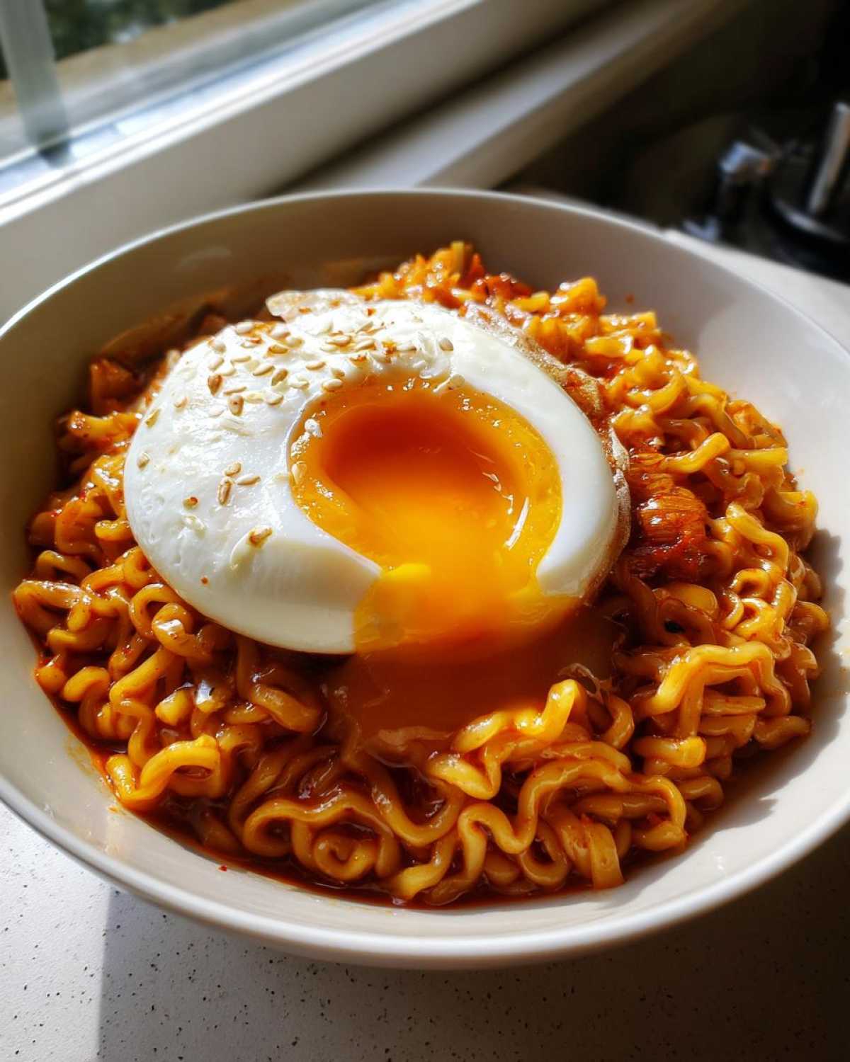 Close-up of spicy Carbonara Buldak Ramen topped with a soft egg, yolk running out, sprinkled with sesame seeds.