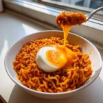 A bowl of spicy Carbonara Buldak Ramen topped with a halved soft egg, with noodles dripping from a fork.