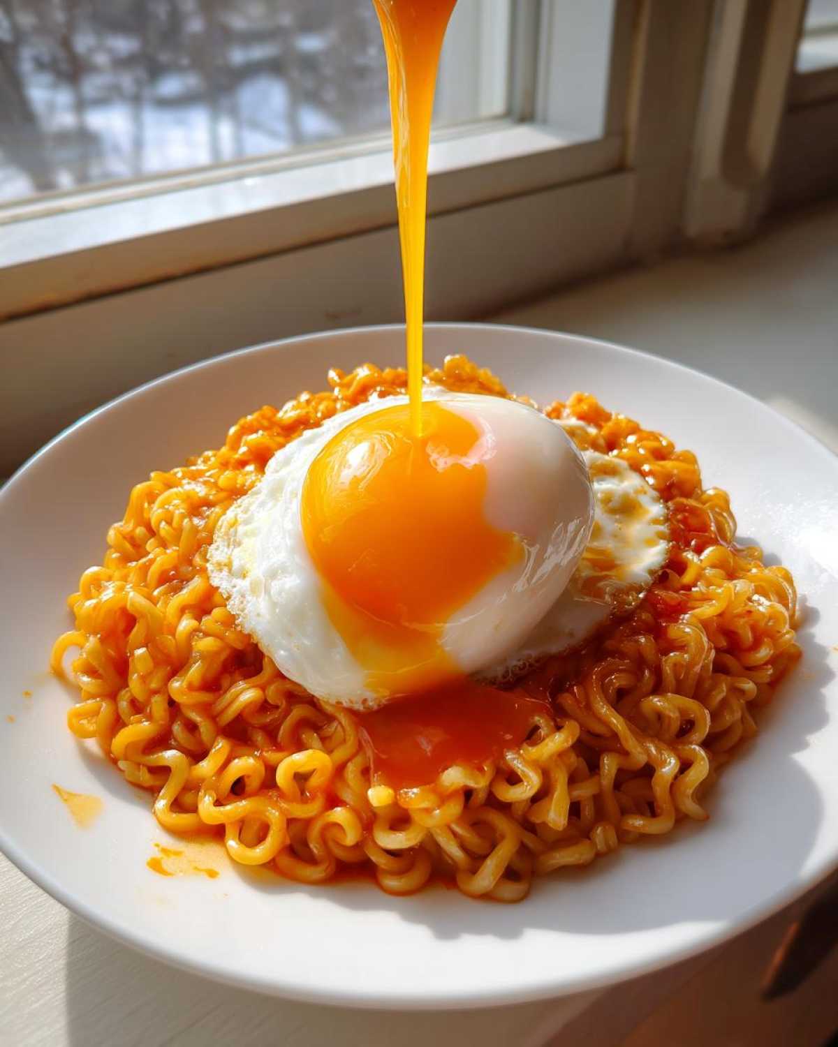 A close-up of Carbonara Buldak Ramen topped with a soft egg, as bright orange yolk streams down onto the noodles.