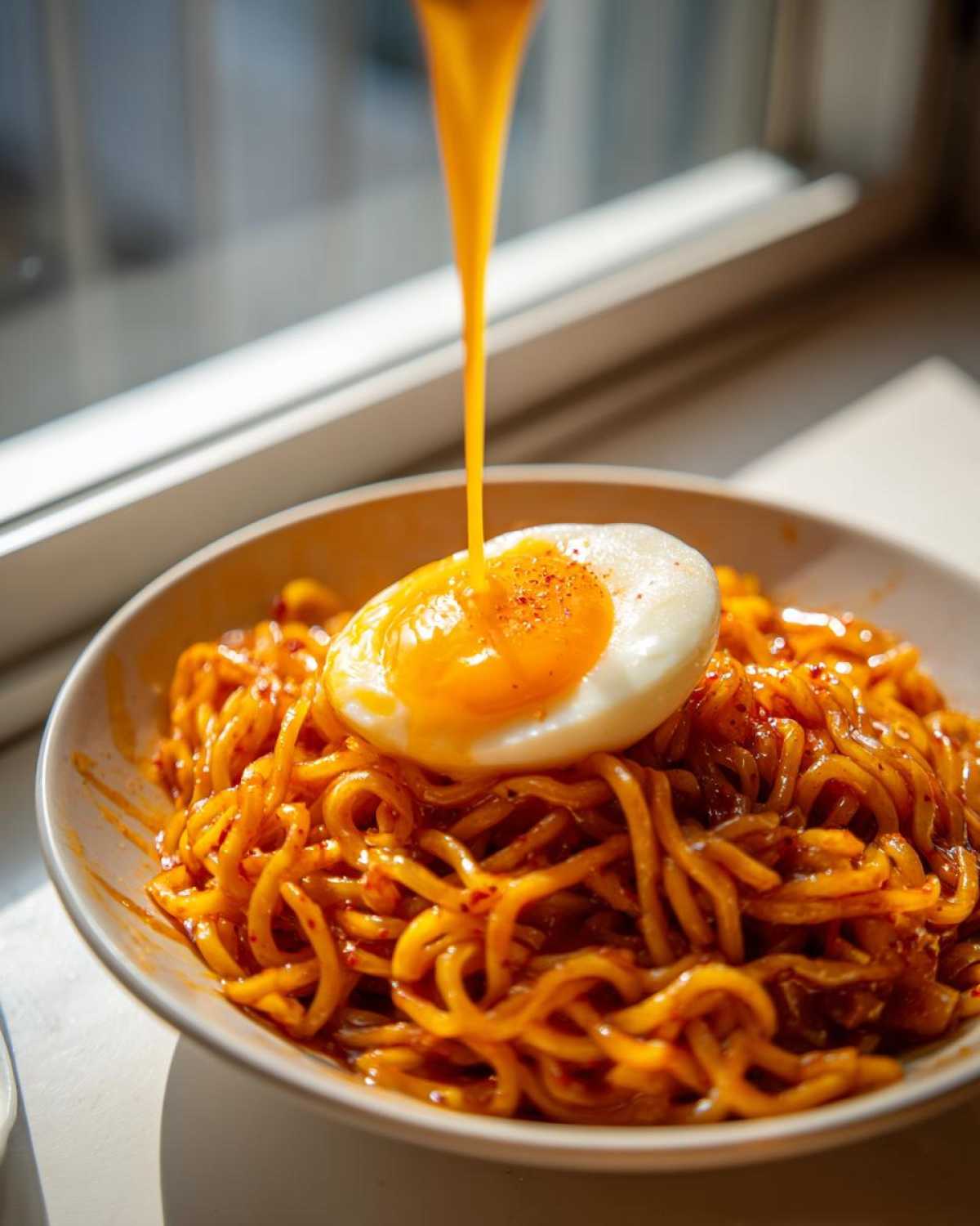 A soft-boiled egg's runny yolk is being poured over a bowl of spicy Carbonara Buldak Ramen with Soft Egg.