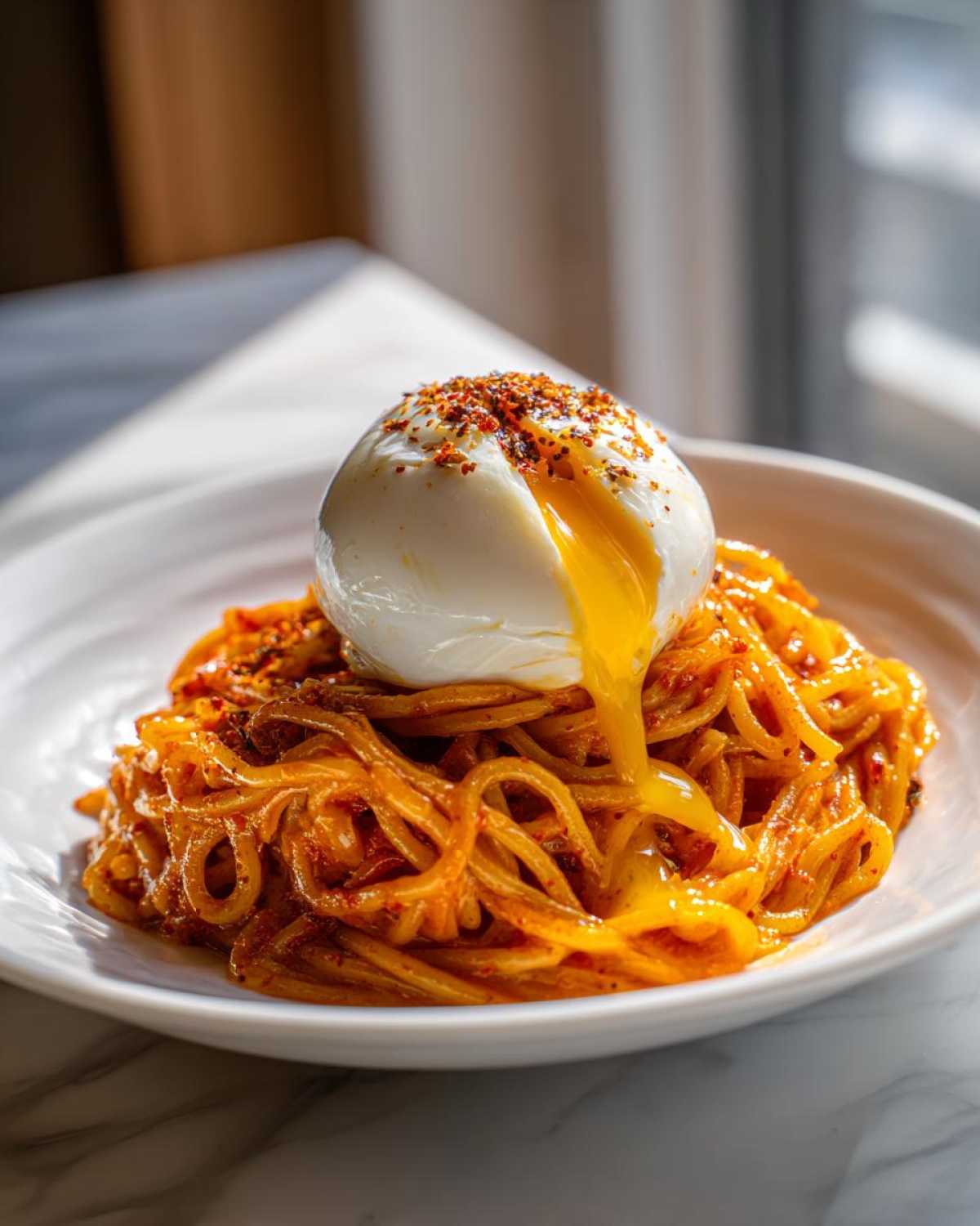 Close-up of Carbonara Buldak Ramen topped with a soft egg, showing rich yolk flowing over the spicy noodles.