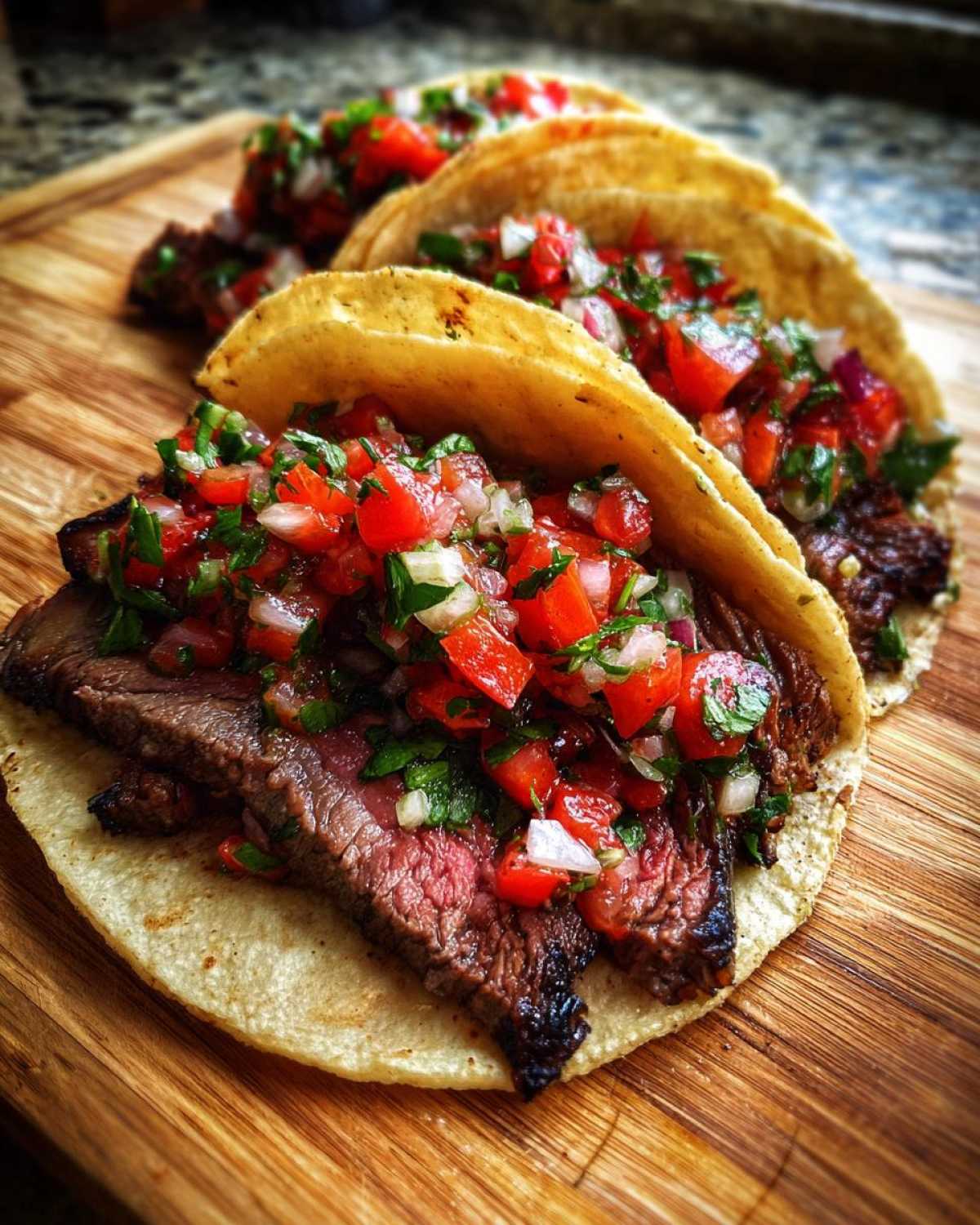 Close-up of delicious Carne Asada Tacos topped with vibrant fresh salsa on a wooden board.