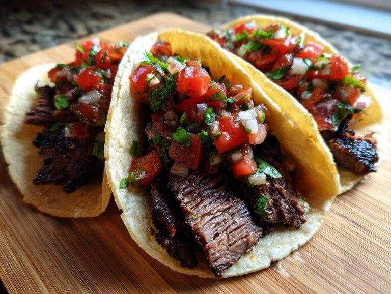 Three freshly made Carne Asada Tacos topped generously with vibrant pico de gallo salsa on a wooden cutting board.