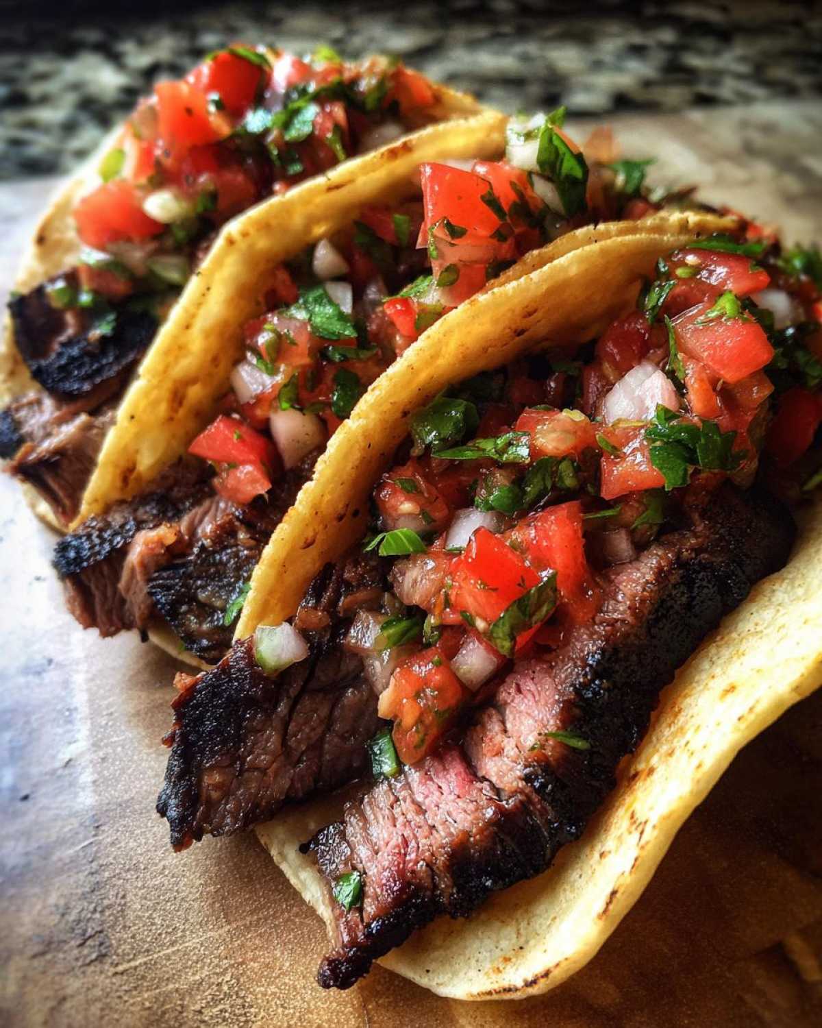 Three delicious Carne Asada Tacos loaded with grilled steak and topped generously with fresh salsa.