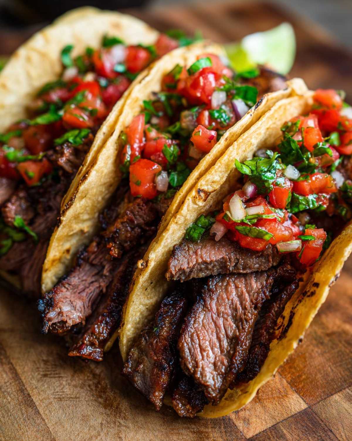 Three delicious Carne Asada Tacos filled with grilled steak slices and topped with fresh pico de gallo salsa.