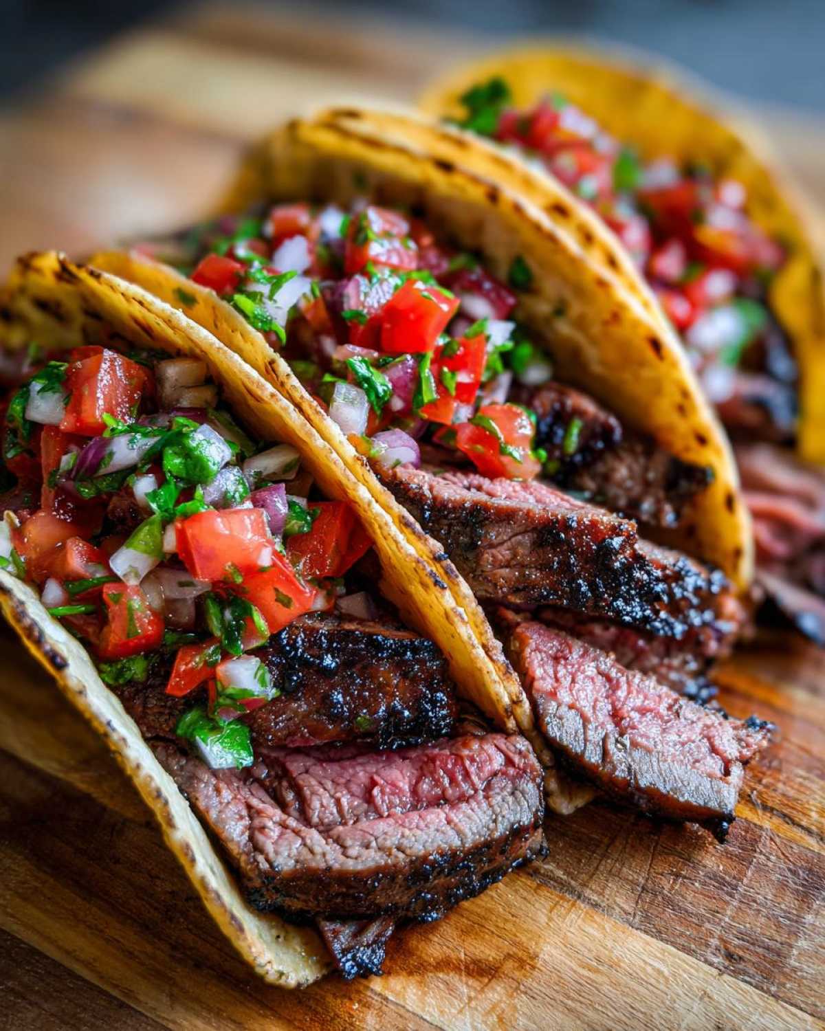 Close-up of perfectly grilled, sliced Carne Asada Tacos topped with vibrant fresh salsa on a wooden board.