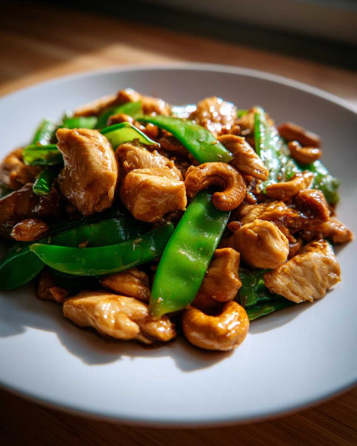 A close-up of glistening Cashew Chicken Stir-Fry with bright green snap peas and roasted cashews on a white plate.