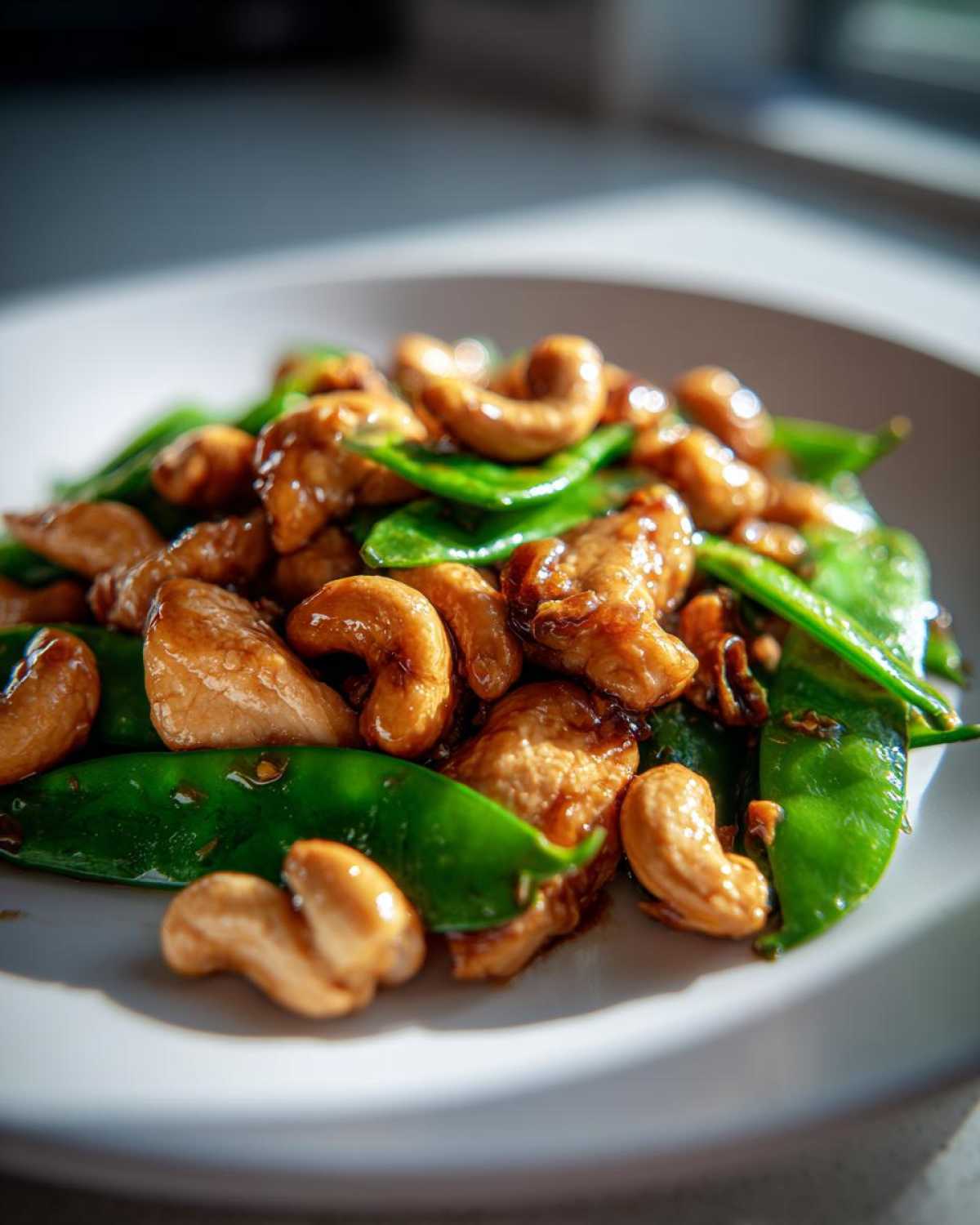 A close-up of glossy Cashew Chicken Stir-Fry with bright green snap peas and toasted cashews on a white plate.