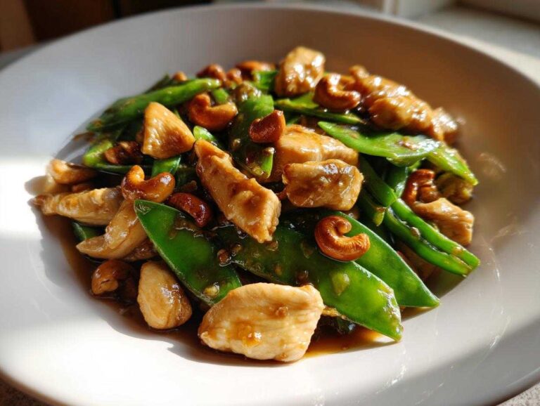 Close-up of glistening Cashew Chicken Stir-Fry with Snap Peas coated in savory brown sauce.