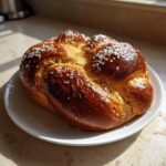 A freshly baked, golden brown Challah Bread with Honey and Sea Salt sprinkled on top, resting on a white plate.