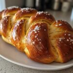 A beautifully braided, golden brown Challah Bread with Honey and Sea Salt sprinkled on top, resting on a white platter.