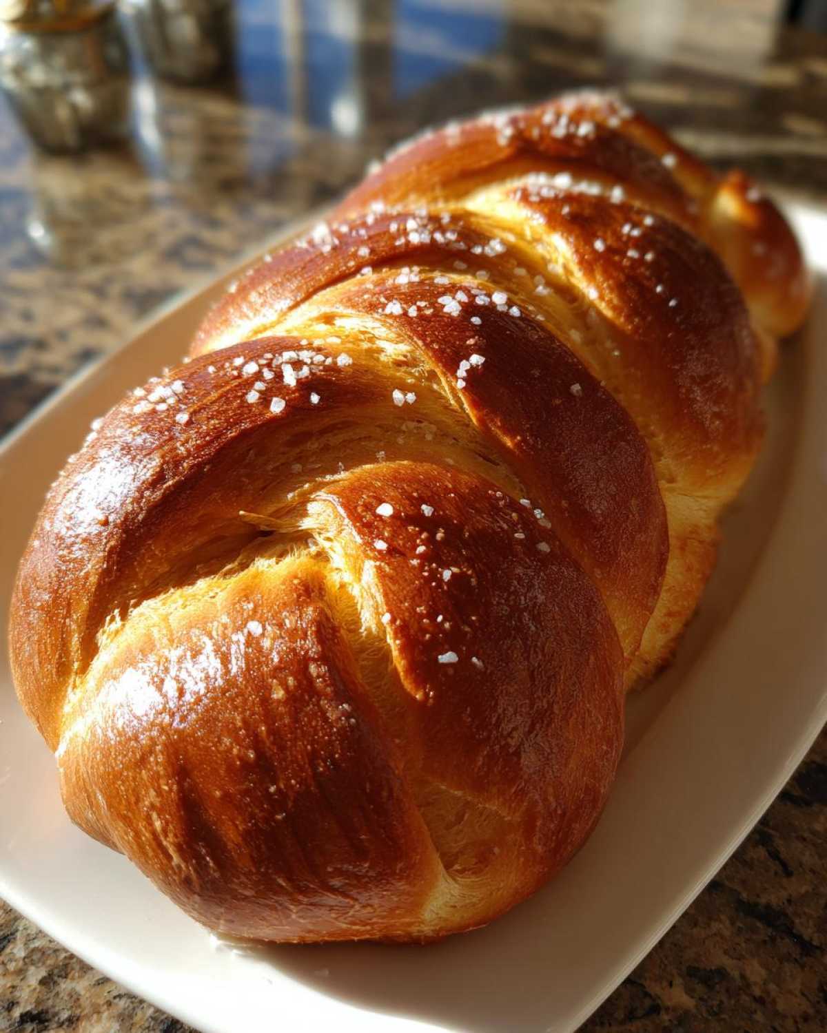 A beautifully braided loaf of golden Challah Bread with Honey and Sea Salt sprinkled on top.