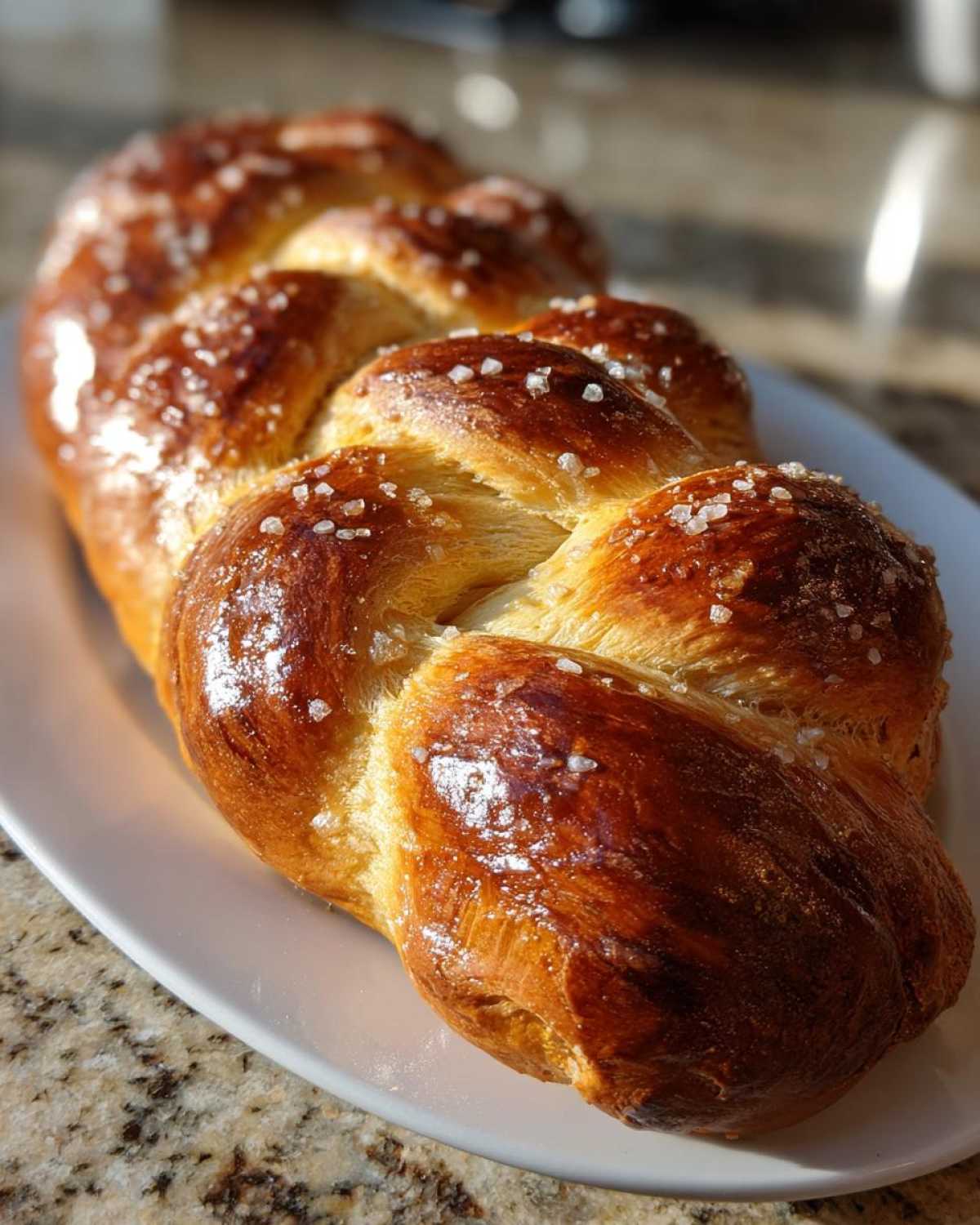 A close-up of a beautifully braided Challah Bread with Honey and Sea Salt, featuring a glossy, golden-brown crust.