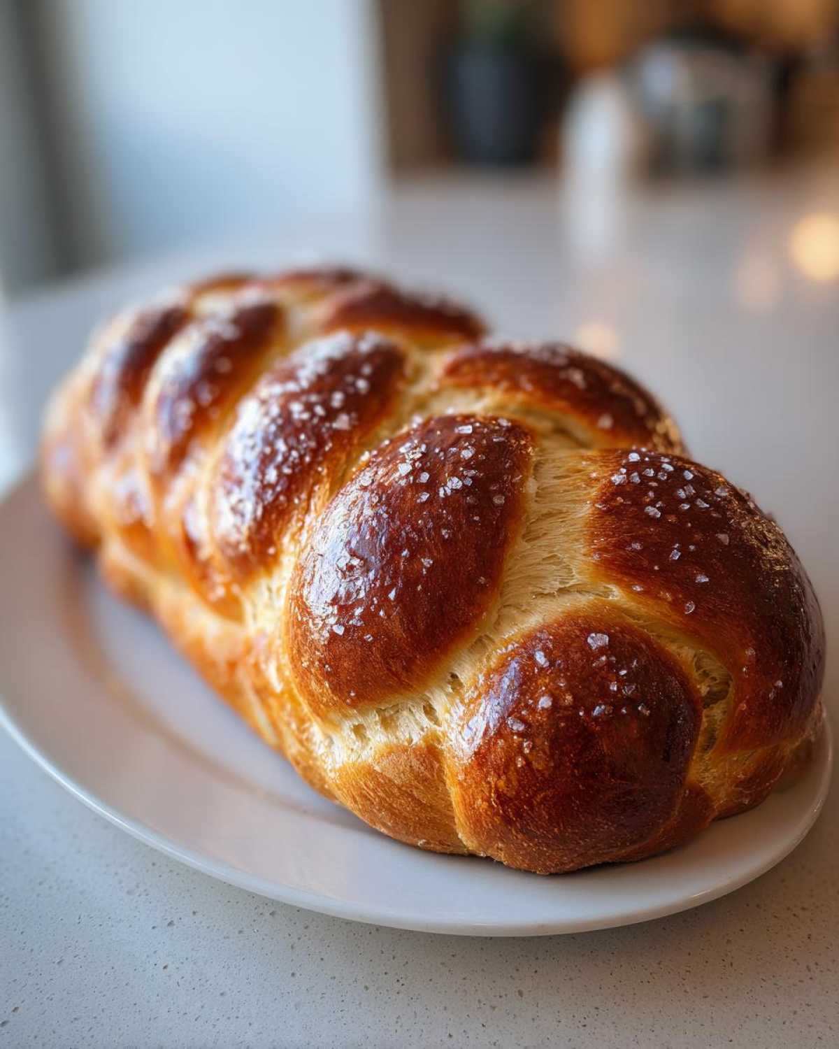 A freshly baked, golden brown Challah Bread with Honey and Sea Salt, beautifully braided and resting on a white plate.