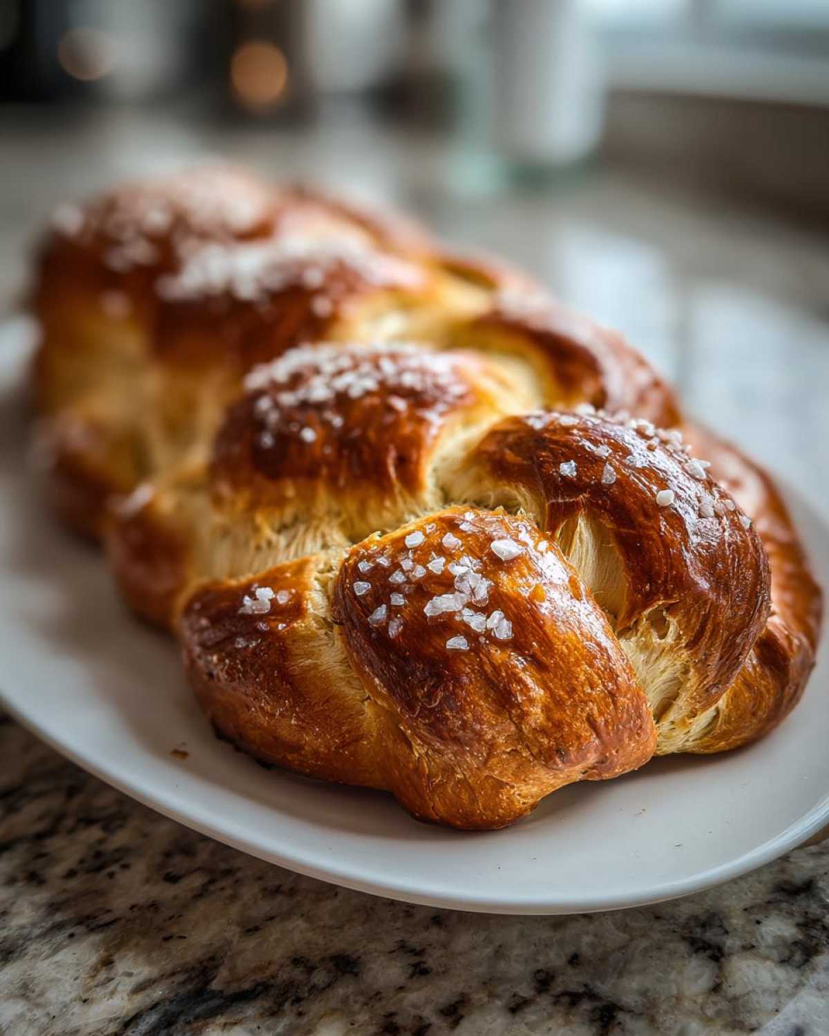 Close-up of a freshly baked, glossy Challah Bread with Honey and Sea Salt sprinkled on top, resting on a white platter.