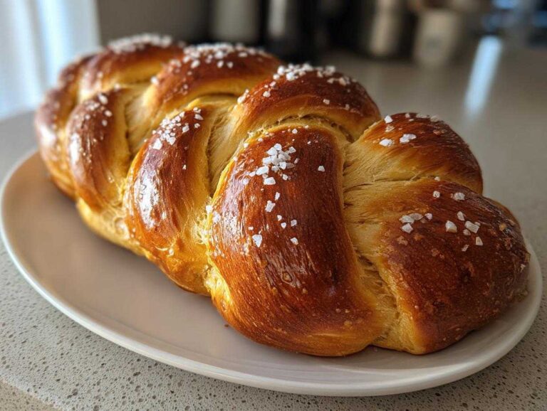 A beautifully braided, golden brown Challah Bread with Honey and Sea Salt sprinkled on top, resting on a white platter.