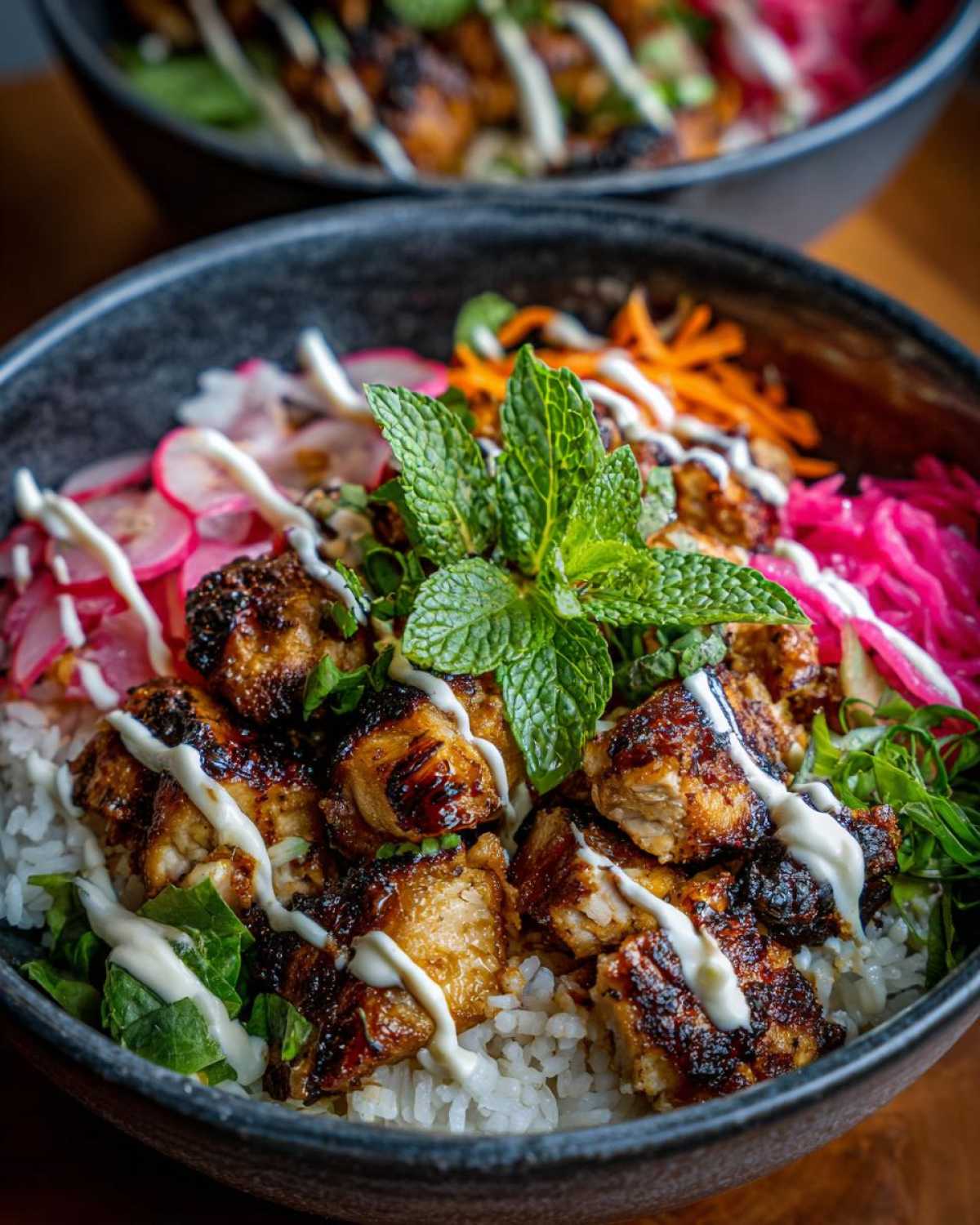 Close-up of a dark bowl filled with white rice, grilled chicken pieces, pickled vegetables, and topped with mint for Chicken Banh Mi Bowls.