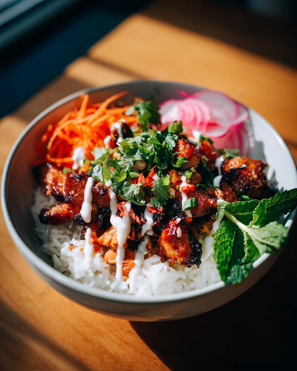 A close-up of a Chicken Banh Mi Bowls featuring grilled chicken over rice, topped with pickled carrots, radishes, herbs, and a white sauce.