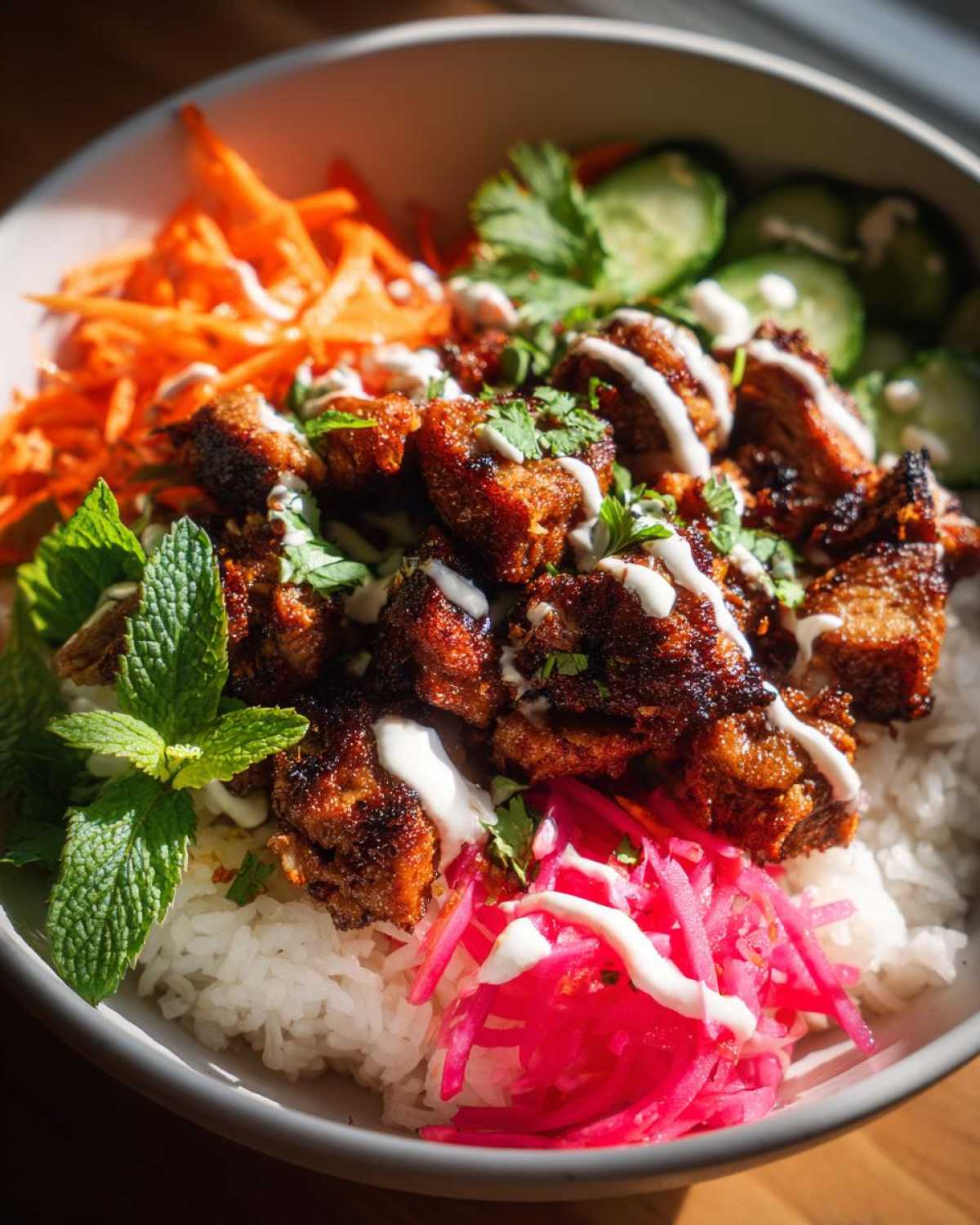 Close-up of Chicken Banh Mi Bowls featuring caramelized chicken, white rice, bright pink pickled vegetables, and mint.
