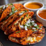 Close-up of three crispy Chicken Birria Tacos stuffed with shredded chicken and melted cheese, topped with onions and cilantro, served with consomé.