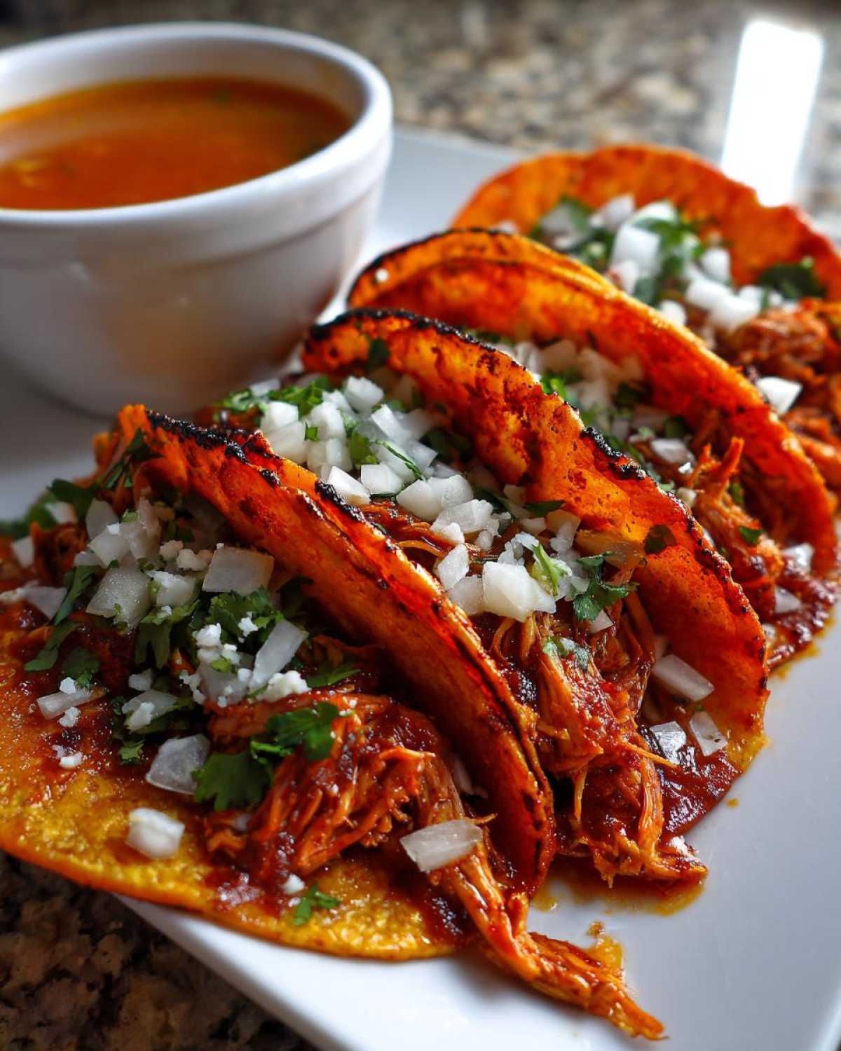 Close-up of three crispy, red-dipped Chicken Birria Tacos topped with onions and cilantro, served next to a bowl of consomé.