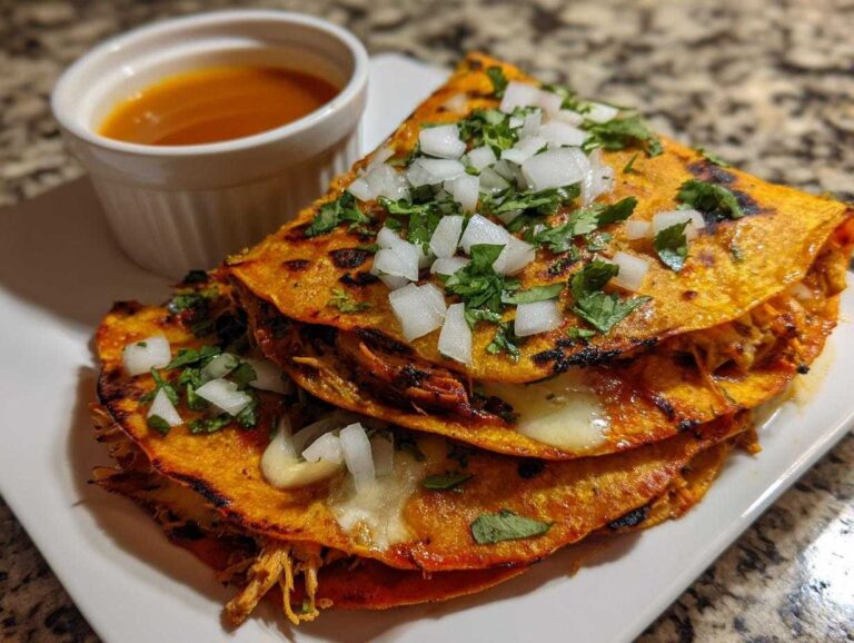 Three stacked, cheesy Chicken Birria Tacos topped with diced white onion and cilantro, served with a side of consomé for dipping.