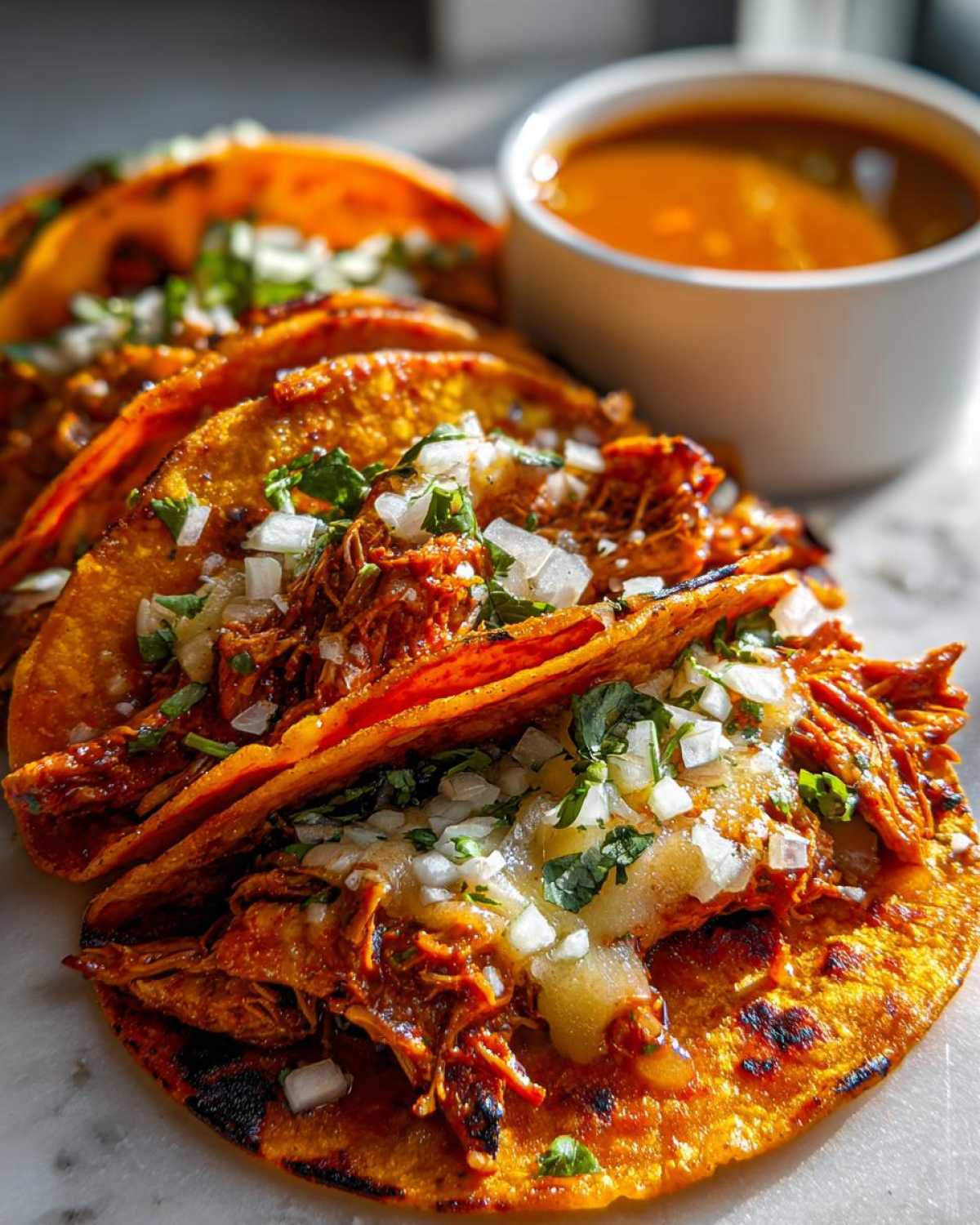 Close-up of delicious, cheesy Chicken Birria Tacos topped with diced onions and cilantro, served next to a bowl of consomé.