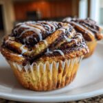 Two freshly baked Chocolate Hazelnut Babka Buns topped with white icing, sitting on a white plate.