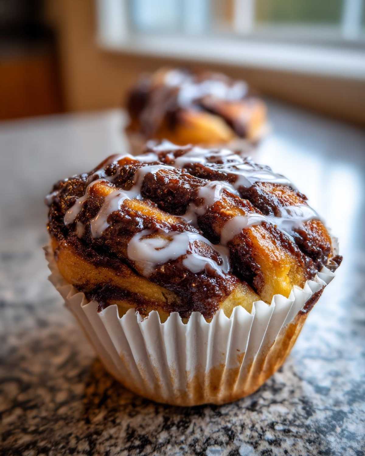 A close-up of a freshly baked Chocolate Hazelnut Babka Bun topped with white icing drizzle.