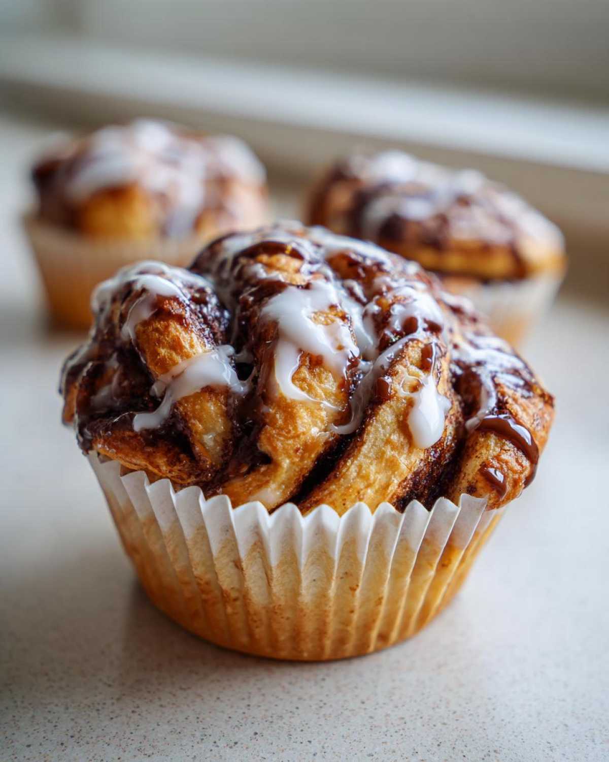 A close-up of a freshly baked Chocolate Hazelnut Babka Bun topped with white icing, sitting in a paper liner.