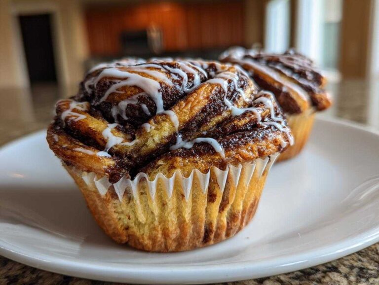 Two freshly baked Chocolate Hazelnut Babka Buns topped with white icing, sitting on a white plate.
