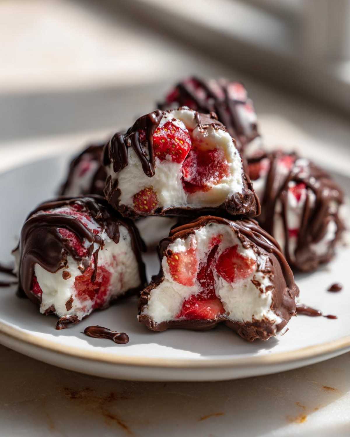 A stack of Chocolate Strawberry Yogurt Clusters, cut open to show the creamy yogurt and visible strawberry pieces inside, drizzled with dark chocolate.