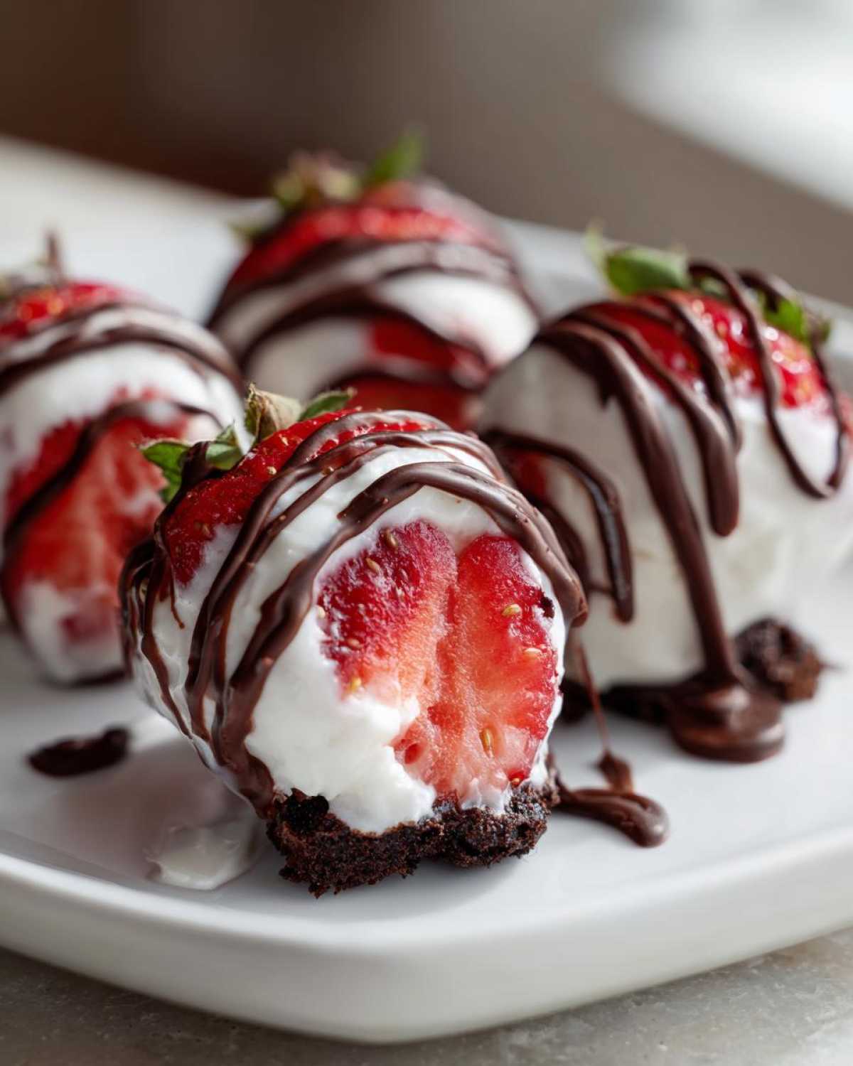 Four Chocolate Strawberry Yogurt Clusters featuring strawberries dipped in yogurt and drizzled with dark chocolate.