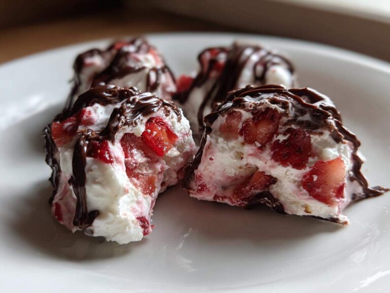 Four homemade Chocolate Strawberry Yogurt Clusters drizzled with melted chocolate on a white plate.