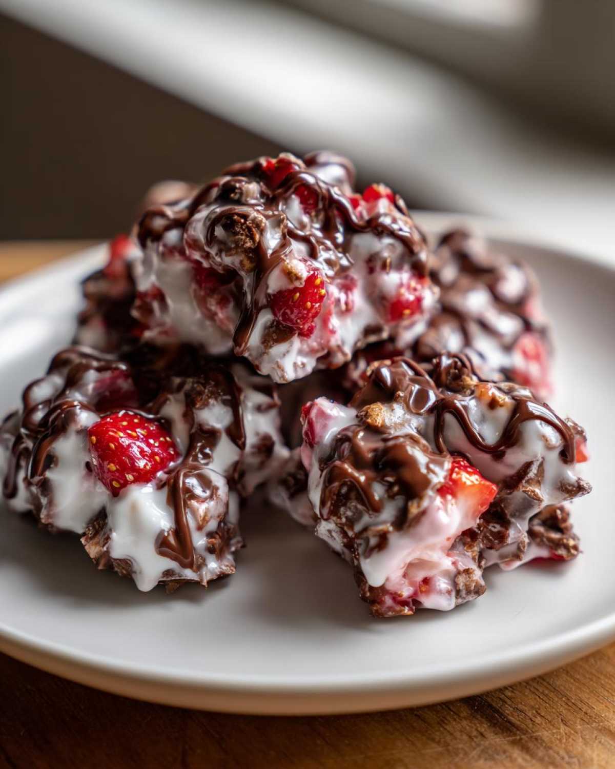 A stack of homemade Chocolate Strawberry Yogurt Clusters drizzled with melted chocolate, served on a white plate.