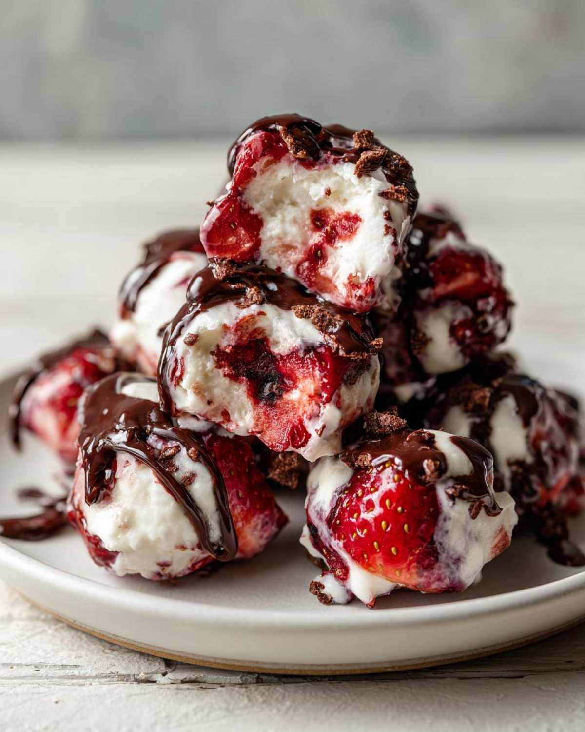 A stack of Chocolate Strawberry Yogurt Clusters drizzled with melted chocolate and chocolate shavings.