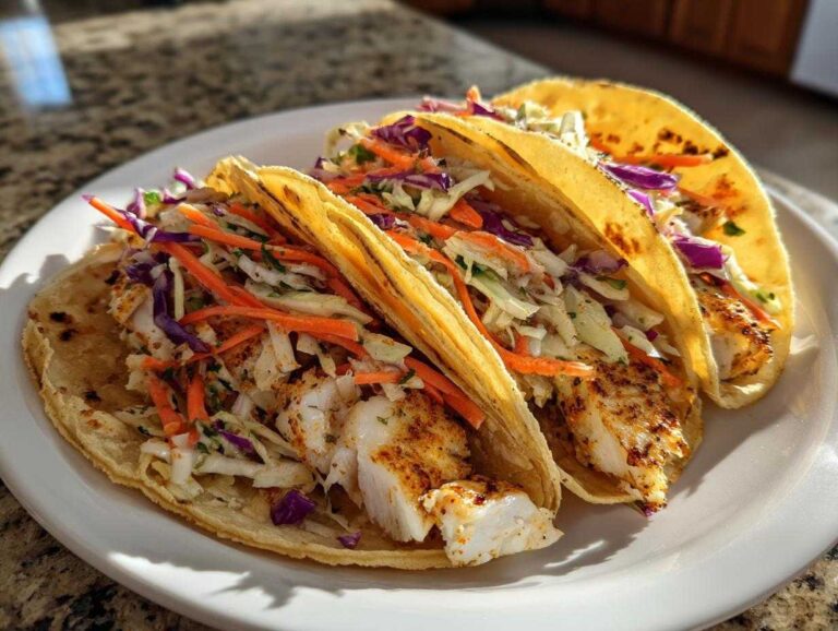 Three delicious Cod Fish Tacos loaded with flaky seasoned fish and vibrant crunchy slaw, served on a white plate.
