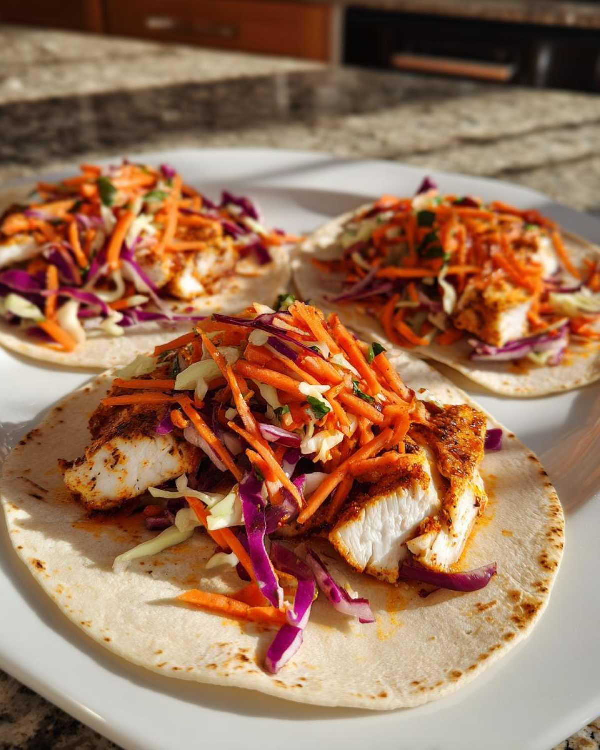 Three assembled Cod Fish Tacos topped generously with vibrant, crunchy slaw made of shredded carrots and purple cabbage.