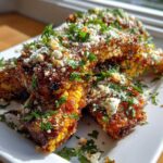 Close-up of crispy, charred Corn Ribs with Cotija and Chili, generously topped with fresh chopped cilantro.