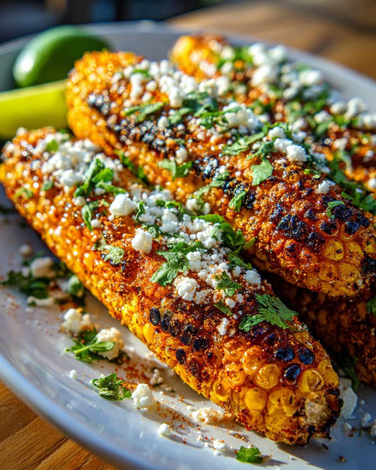 Close-up of grilled Corn Ribs with Cotija and Chili, garnished with fresh cilantro and lime wedges.