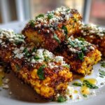 Close-up of perfectly charred Corn Ribs with Cotija and Chili, garnished with fresh cilantro.