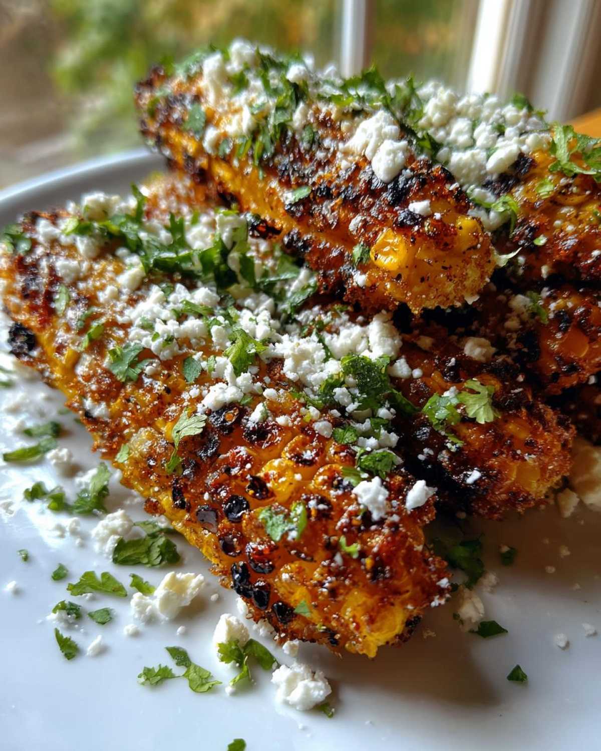 Close-up of charred Corn Ribs with Cotija and Chili, garnished with fresh cilantro.