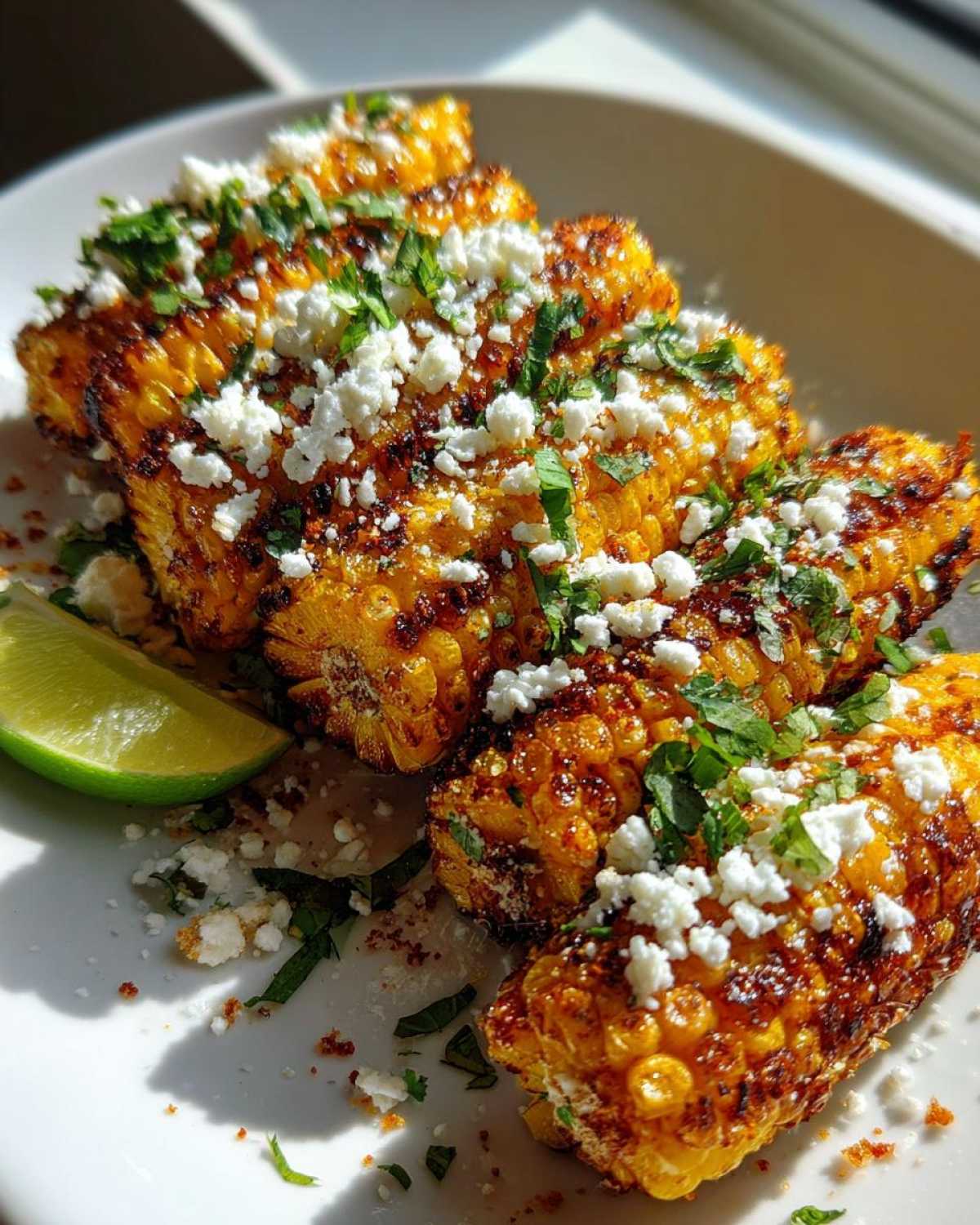 Close-up of grilled Corn Ribs with Cotija and Chili, garnished with cilantro and a lime wedge.