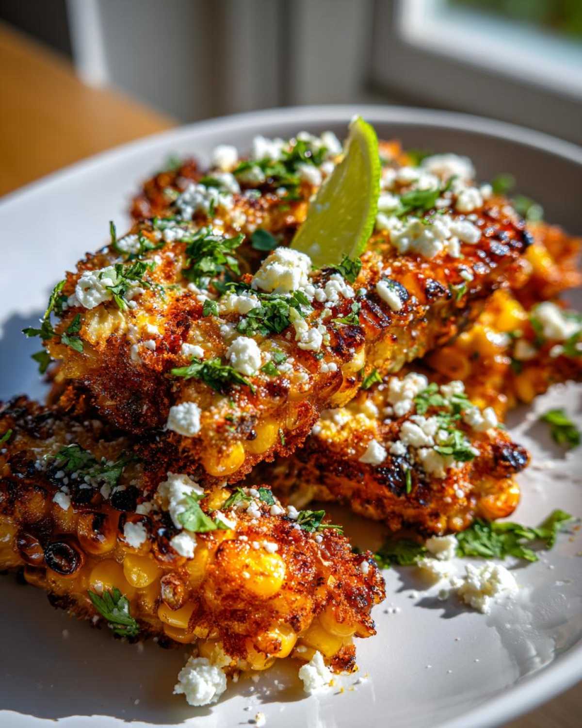 Close-up of charred Corn Ribs with Cotija and Chili, topped with cilantro and a lime wedge.