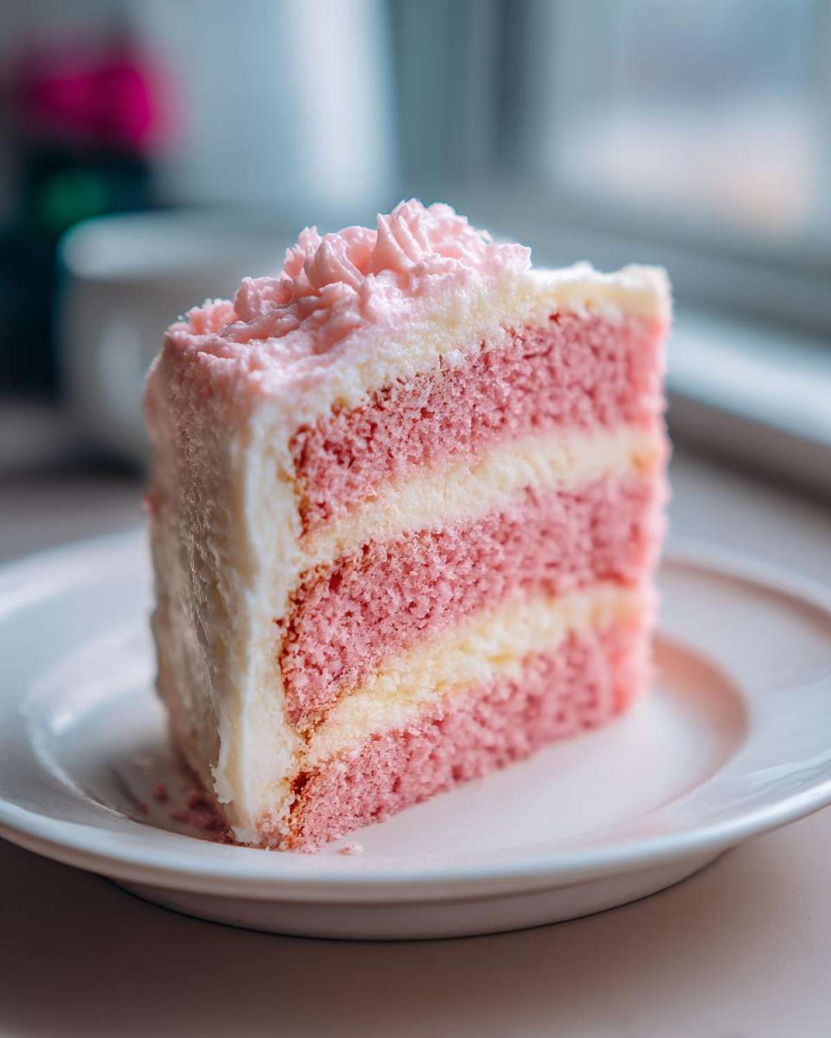 Close-up of a slice of Cortadillo Mexican Pink Cake with three pink layers and white frosting.