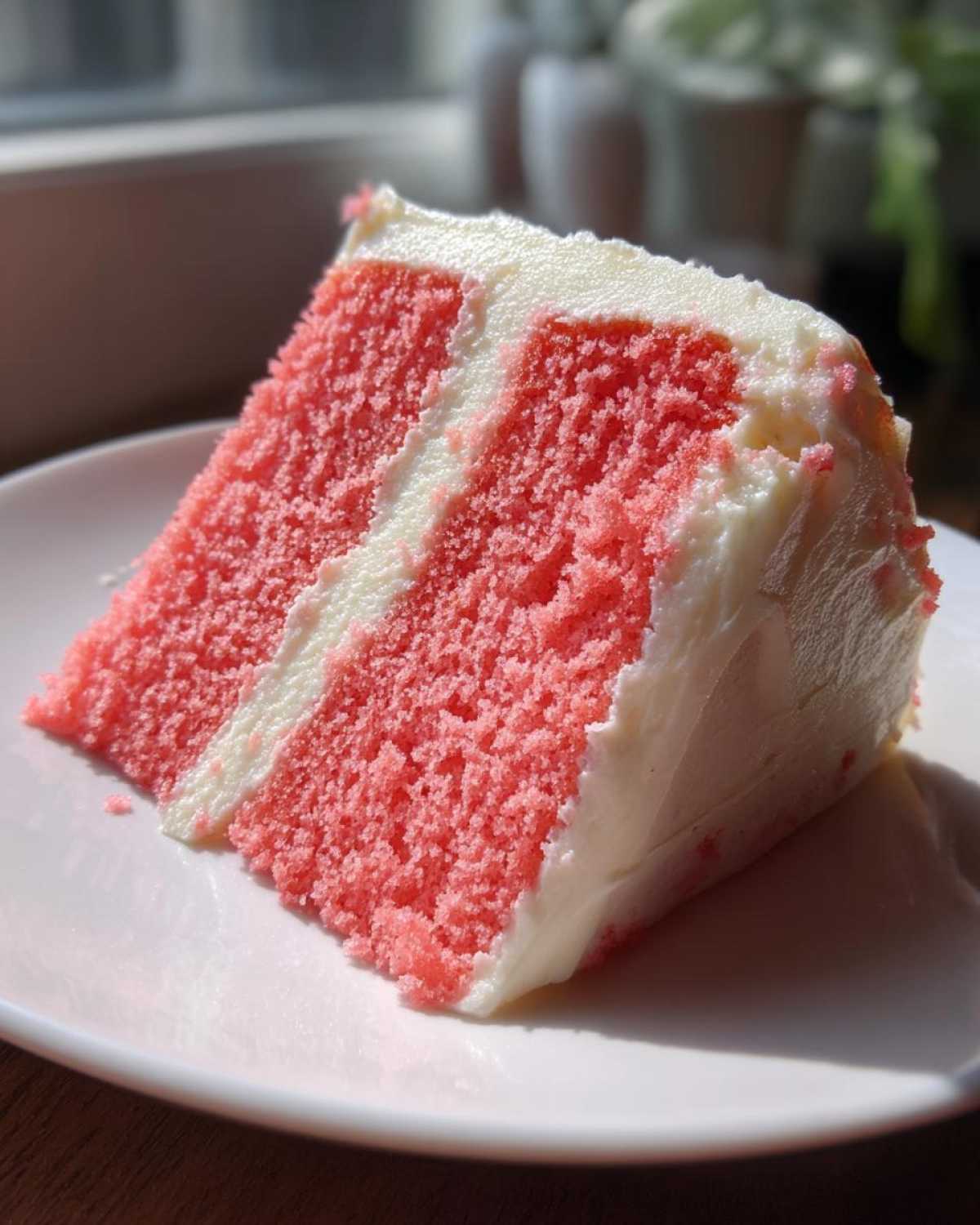 A close-up slice of vibrant pink Cortadillo Mexican Pink Cake layered with white frosting on a white plate.
