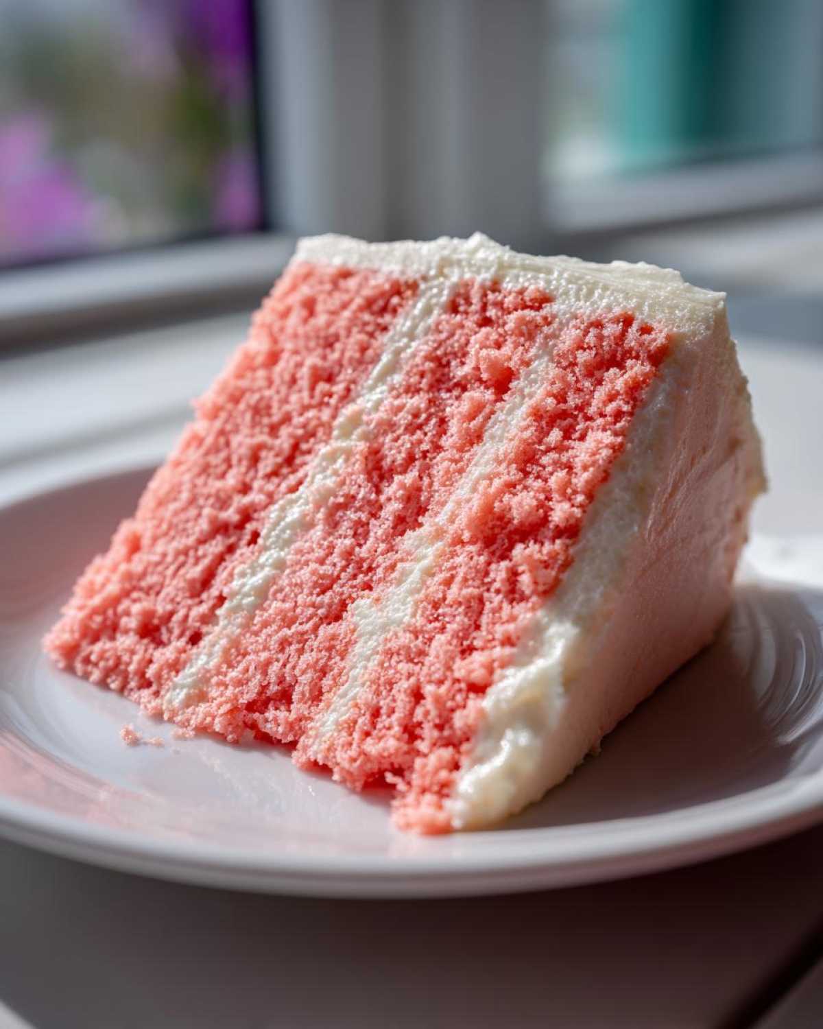 A close-up of a moist slice of Cortadillo Mexican Pink Cake with layers of pink sponge and white frosting.